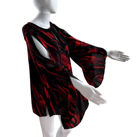 Halston Tops - Halston Women M Red Black Abstract Witchy Long Bell Sleeve Fairy Blouse Boho Top